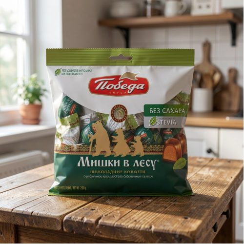 Конфеты Победа Мишки в лесу с вафельной крошкой без сахара, пакет, 200г