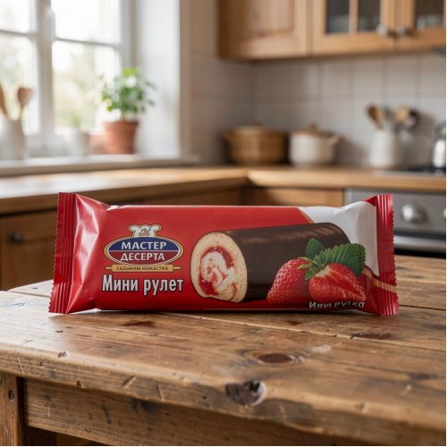 Мини-рулет Мастер десерта с кремом и фруктово-ягодной начинкой клубника, 35г