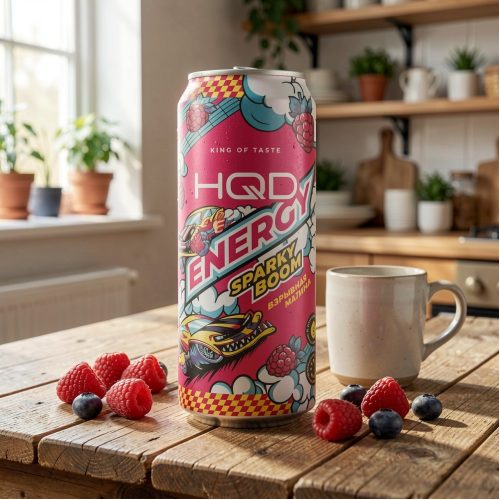 Энергетик HQD Energy (ЭйчКьюДи Энерджи) Sparky Boom взрывная малина, розовый, 0.45 л