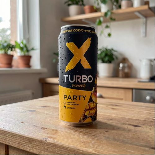 Энергетик X-TURBO (Икс Турбо) Party энергия сочного манго, чёрный, 0.45 л