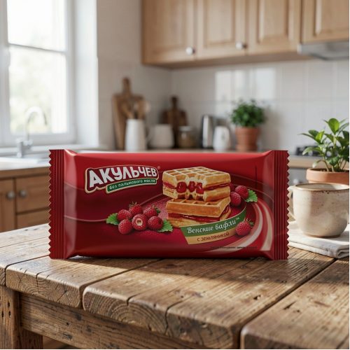 Вафли венские Акульчев с земляникой, 100 г