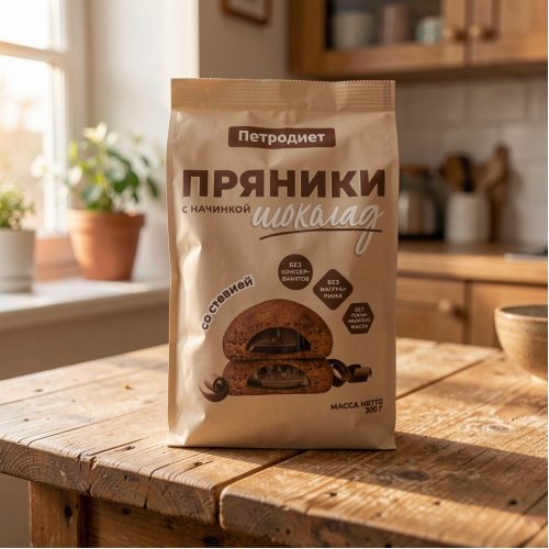 Пряники Петродиет шоколадные на фруктозе со стевией и шоколадной начинкой, 300г