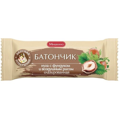 Батончик Мишкино нуга с фундуком и воздушным рисом глазированная, 50 г