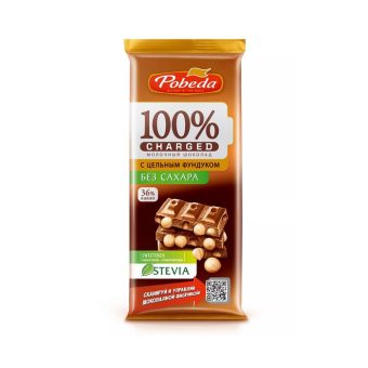 Шоколад Победа Чаржед без сахара молочный с цельным фундуком, 90г