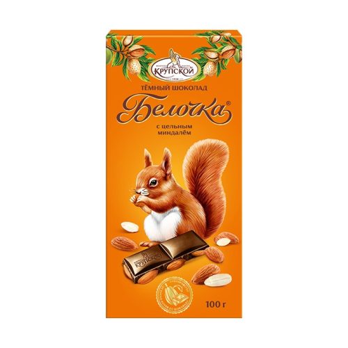 Шоколад Славянка КФ им. Крупской белочка темный с цельным миндалём, 100г