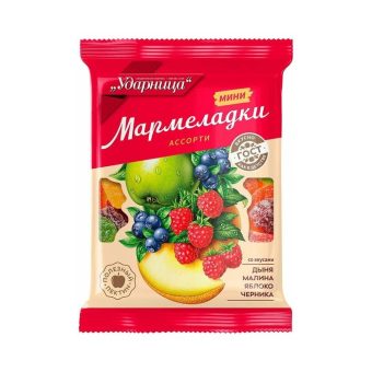 Мармелад Ударница Мини ассорти со вкусом дыни/малины/яблока/черники, 275г