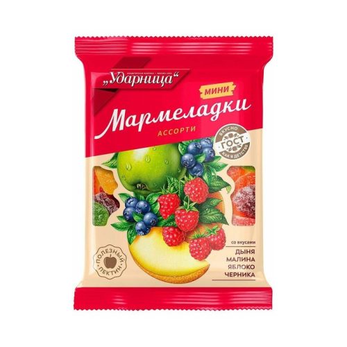 Мармелад Ударница Мини ассорти со вкусом дыни/малины/яблока/черники, 275г