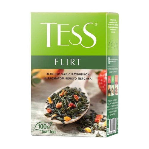 Чай Тесс Флирт зелёный с клубникой и белым персиком, 100г
