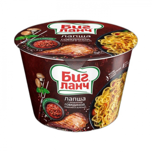 Лапша быстрого приготовления БигЛанч ведро с ароматом говядины, грибами и зеленью, 90г