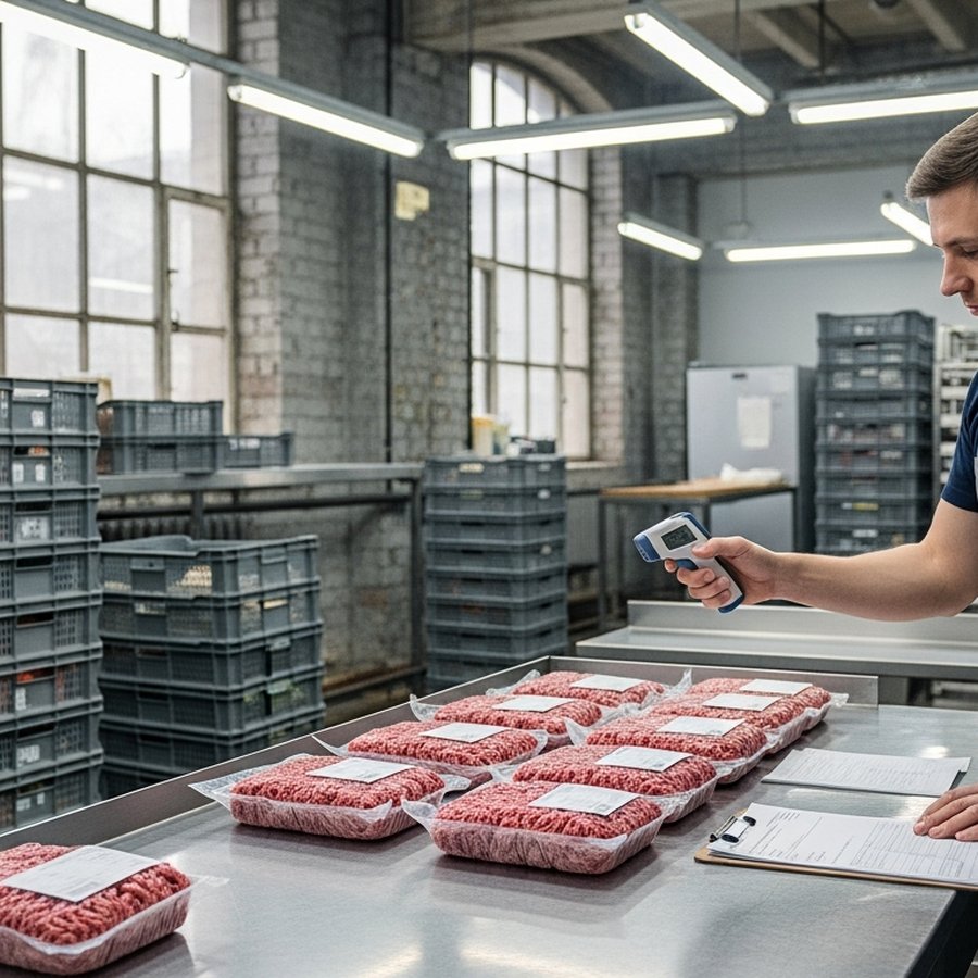 Приемка партии говяжьего фарша с проверкой упаковки и маркировки