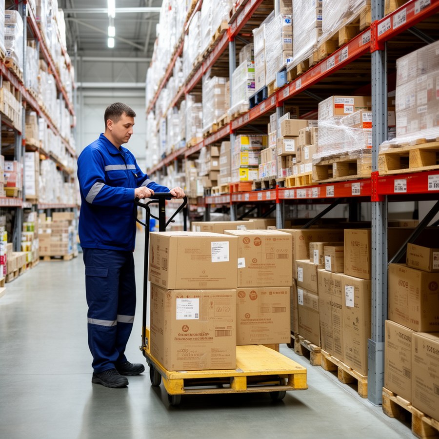 Использование тележки и правильная раскладка тяжелых коробов на складе