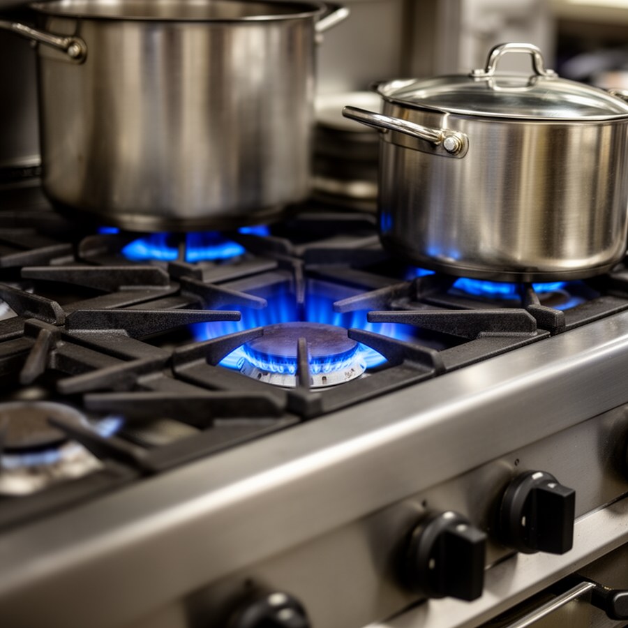 Газовая плита с профессиональными конфорками на кухне общепита