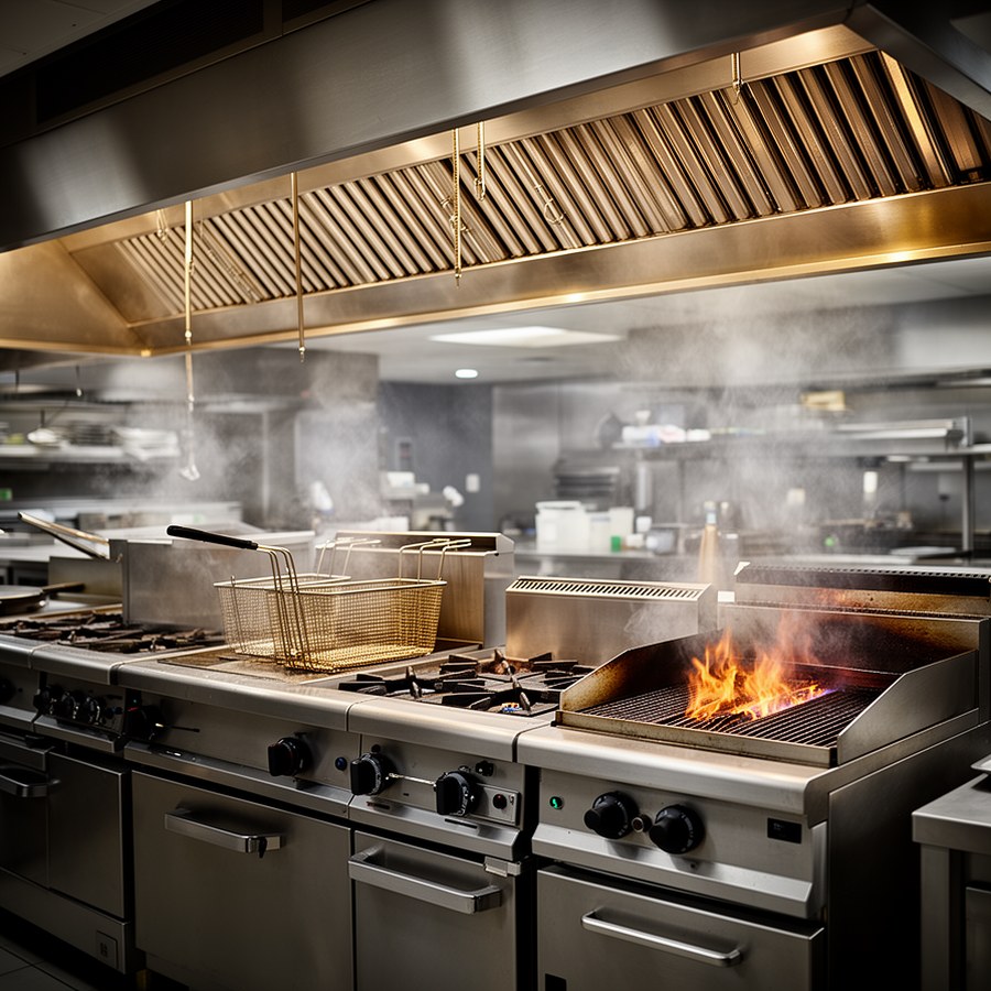 Вытяжка над газовым оборудованием в профессиональной кухне