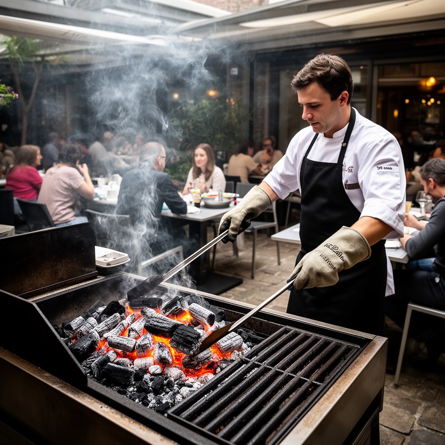 Работа с угольным грилем в ветреную погоду на ресторанном дворике