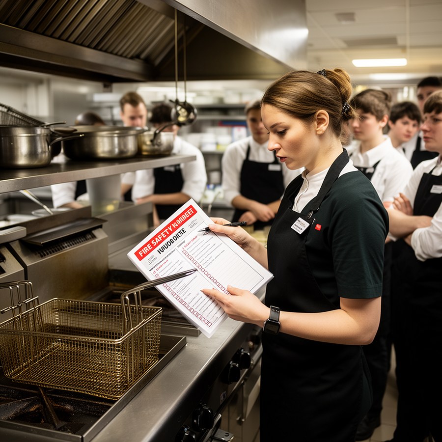Старший смены проверяет чек-лист пожарной безопасности кухни