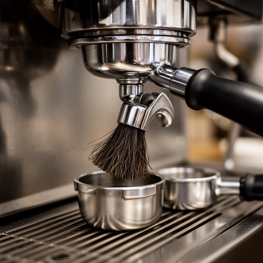 Очистка группы эспрессо-машины специальной щеткой