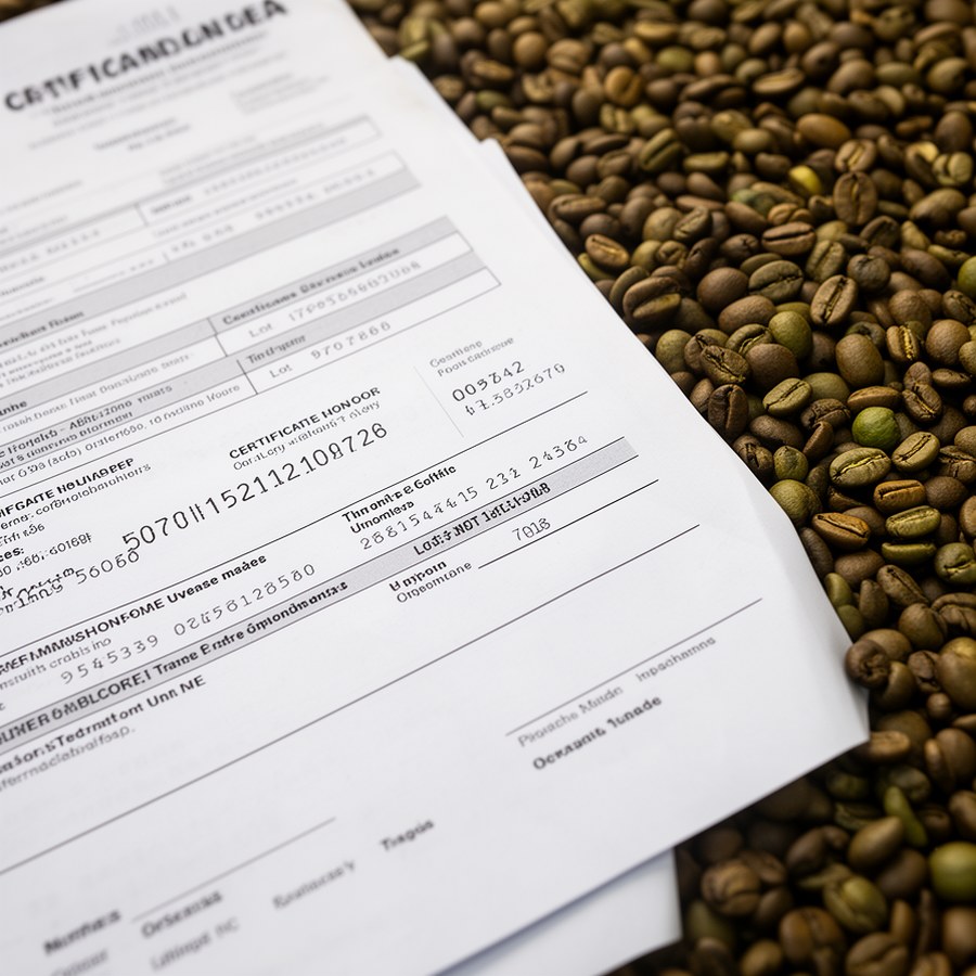 Документы по лоту кофе рядом с зелёным зерном