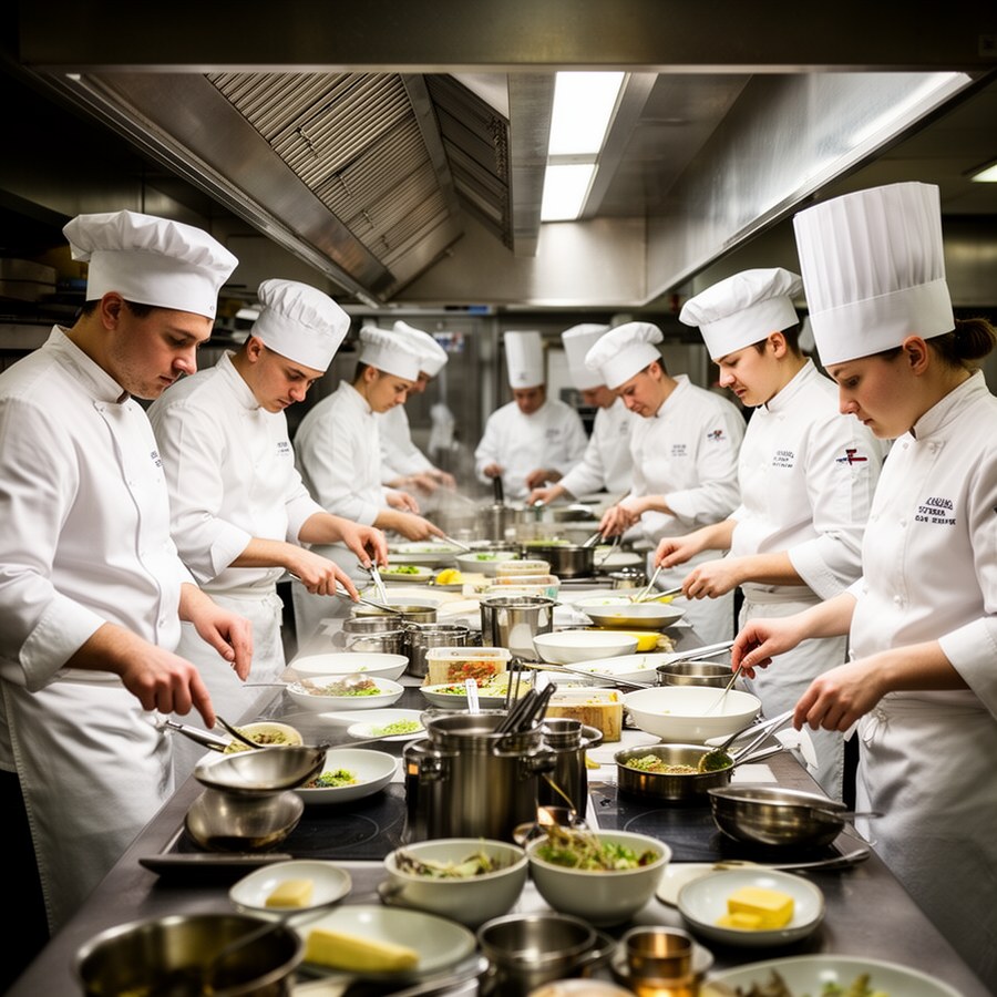 Открытая кухня в часы пик с аккуратным внешним видом команды