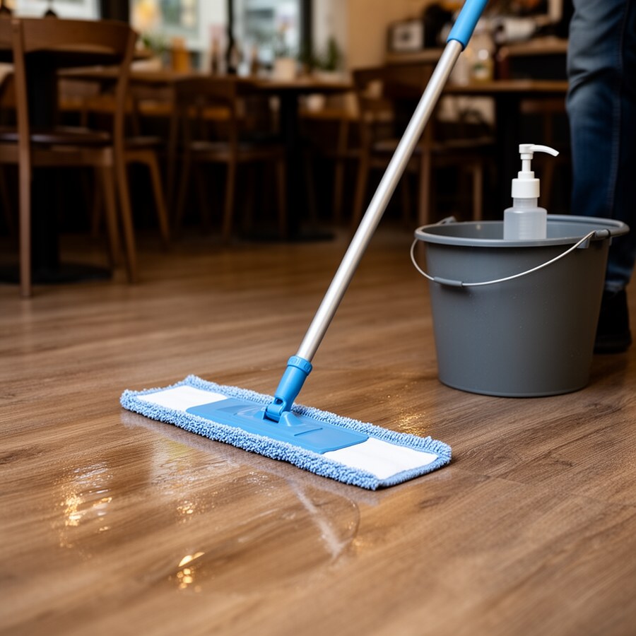 Деликатная уборка ламината в кафе мопом из микрофибры