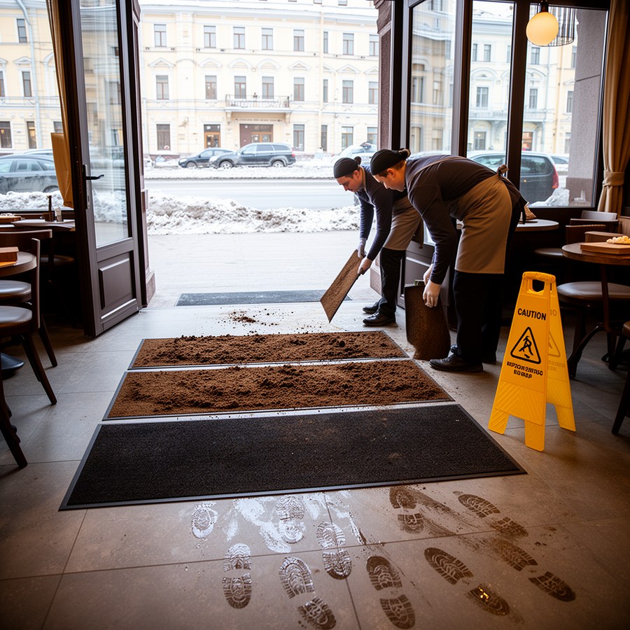 Зимняя входная группа с грязезащитными коврами и сушкой пола