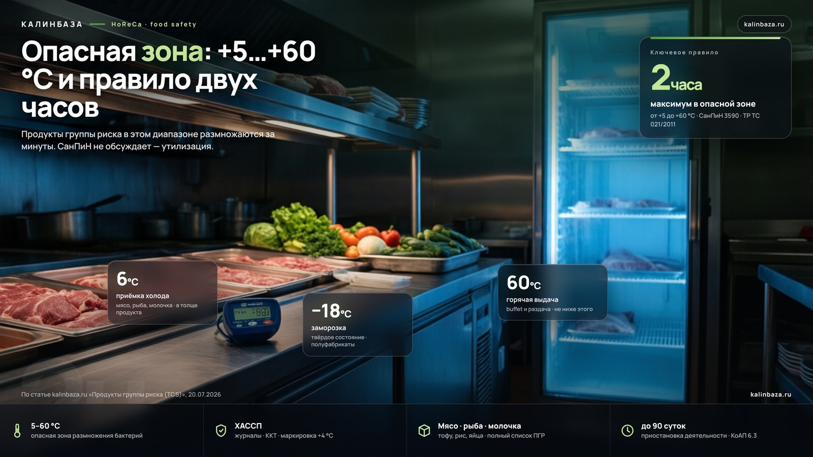 Инфографика: опасная зона температур +5…+60 °C и правило двух часов — продукты группы риска (TCS)