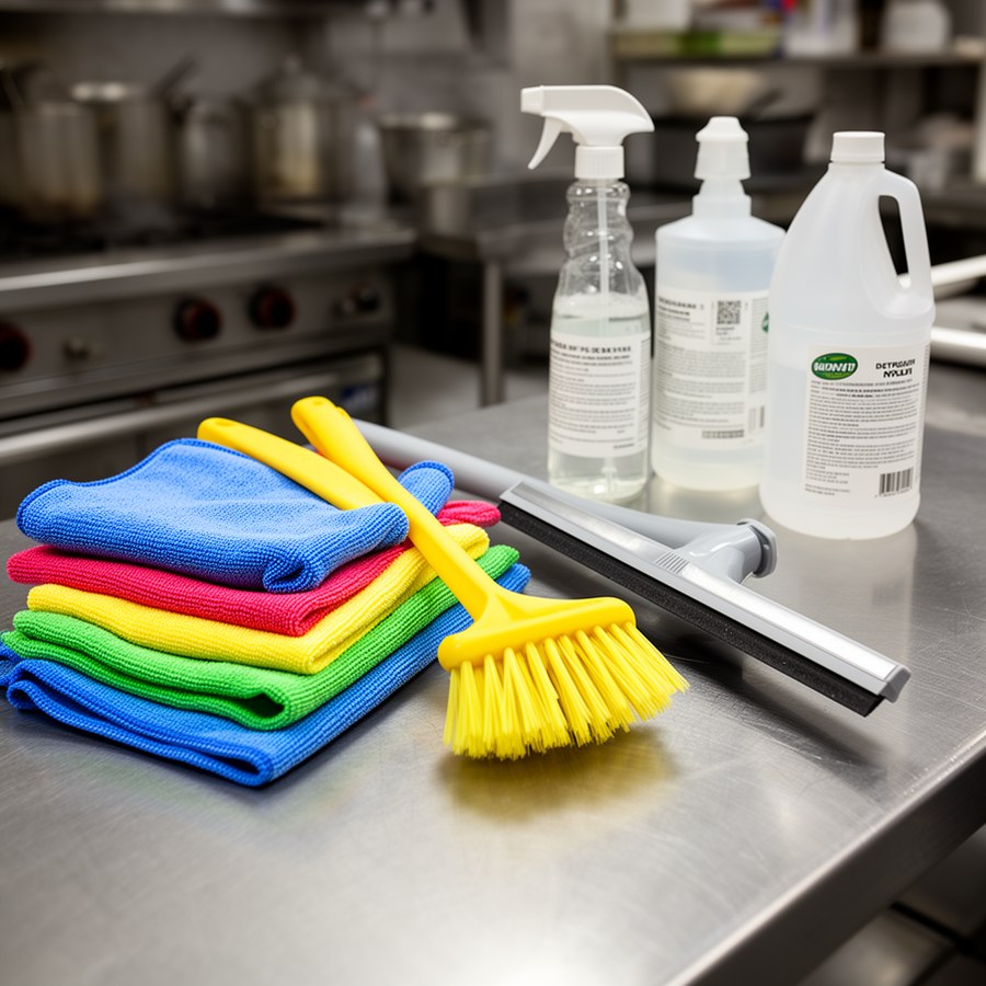 Инвентарь для мойки и дезинфекции пищевых поверхностей на кухне ресторана