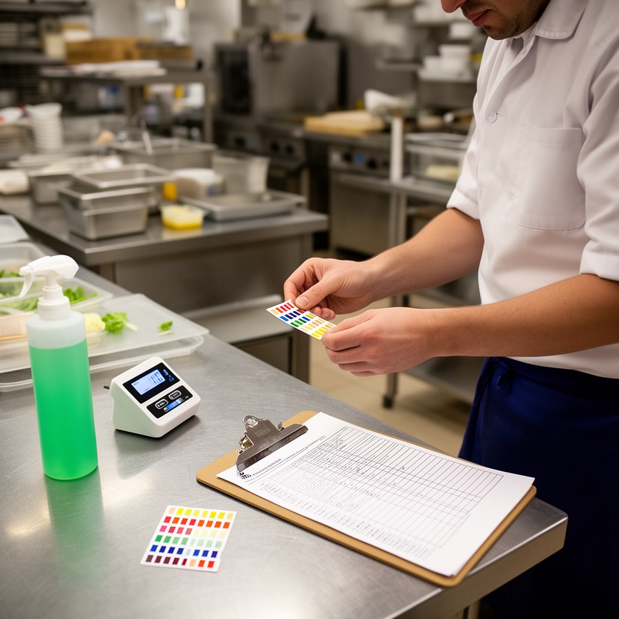 Контроль концентрации дезраствора тест-полосками на кухне