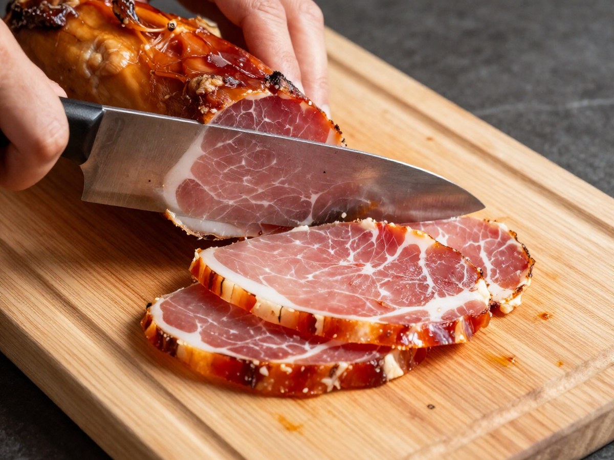 Как нарезать ветчину спиралью, чтобы не развалилась?: sliced smoked ham on a clean board, deli meat slices and chef knife
