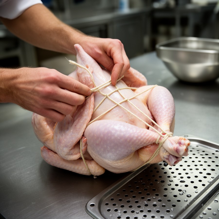 Подгибание крыльев и фиксация ног индейки