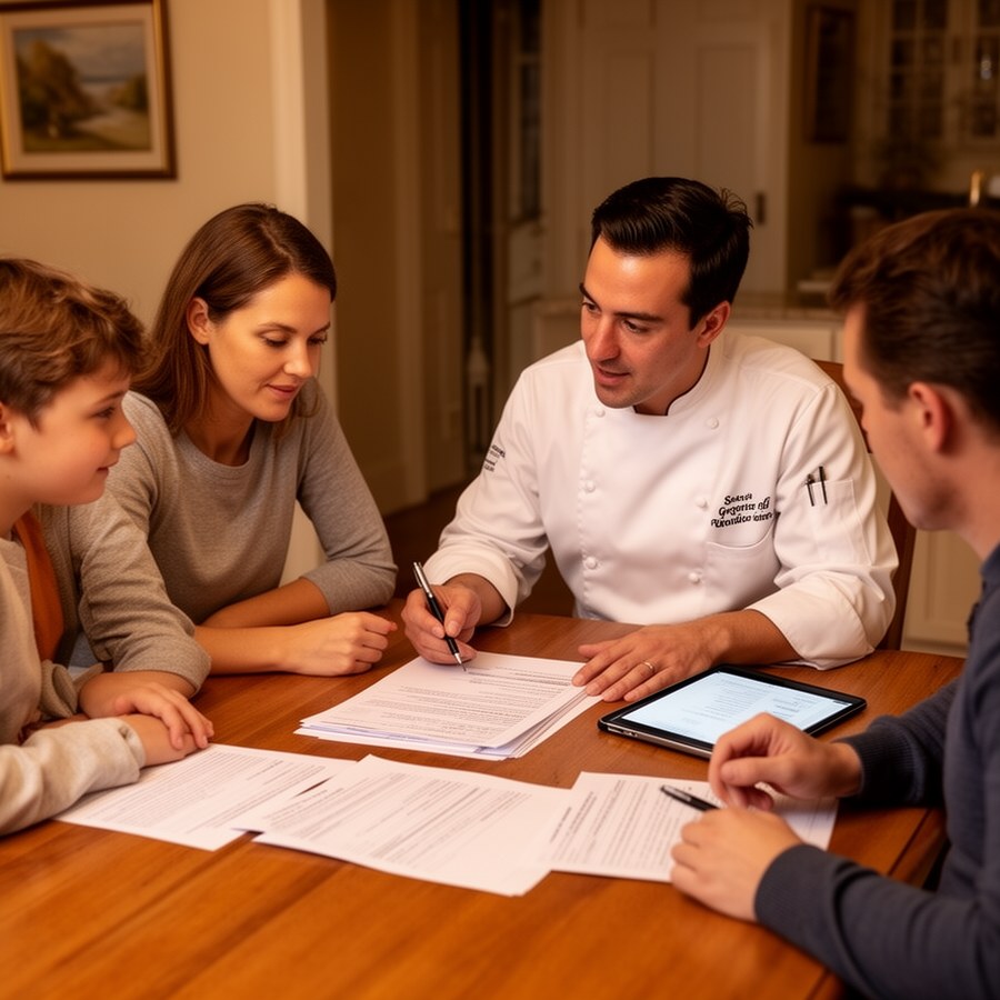 Шеф обсуждает меню, график и условия работы с клиентом