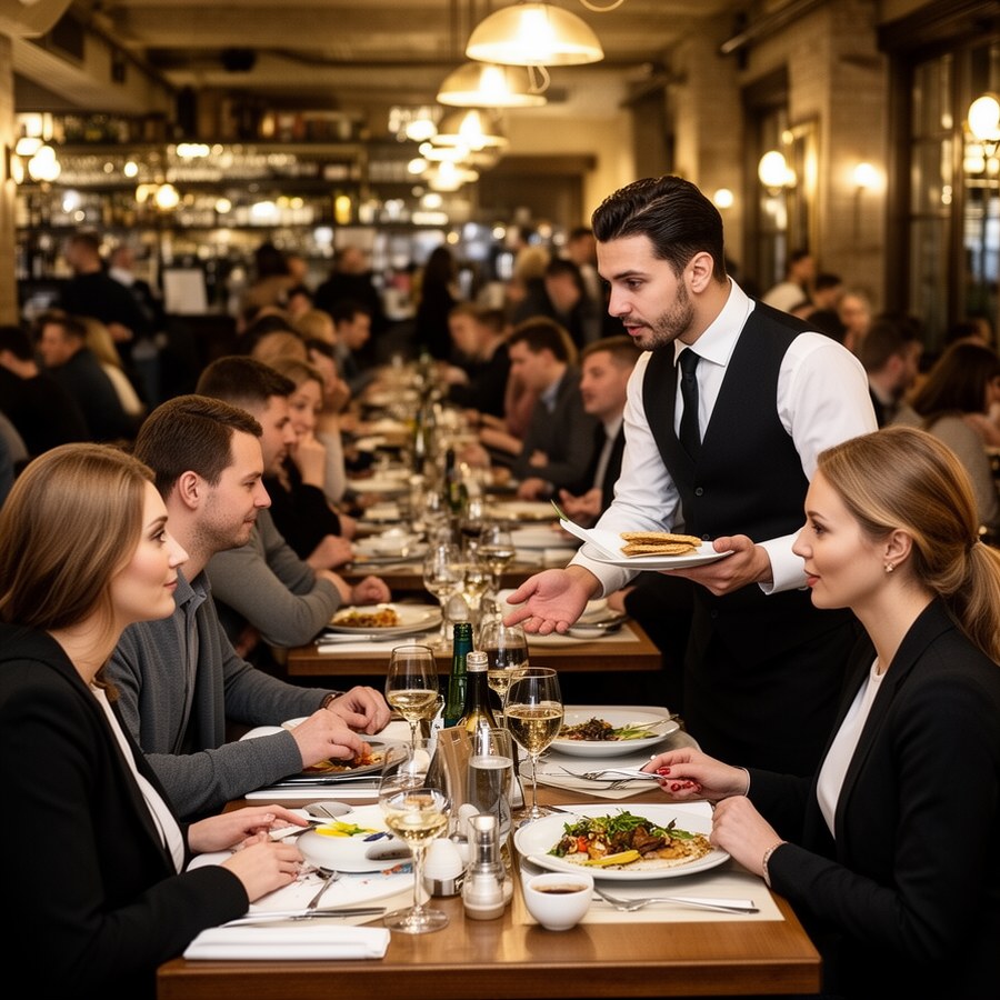 Официант предлагает допродажу гостям в часы пик