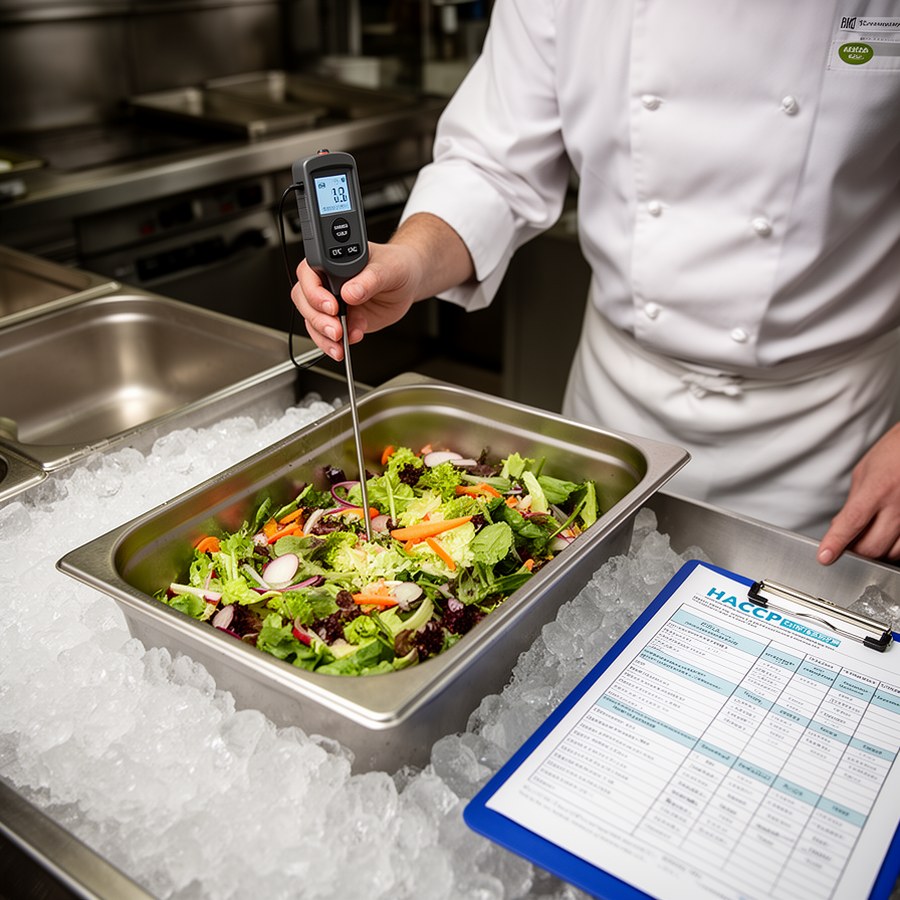Повар измеряет температуру холодного блюда щуповым термометром