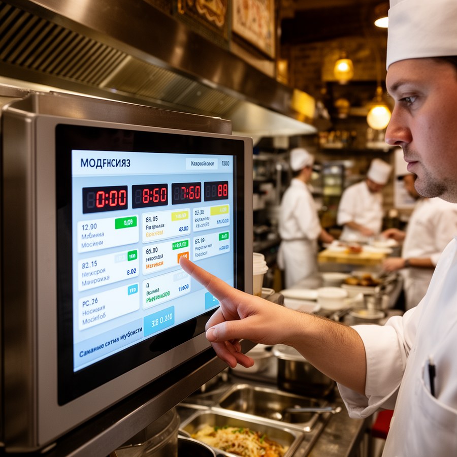 Экран заказов на кухне кафе с таймерами и статусами