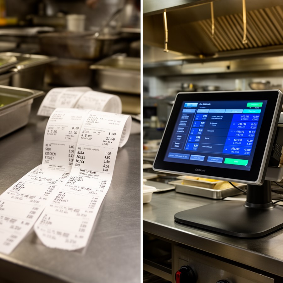Сравнение бумажных чеков и цифрового кухонного экрана