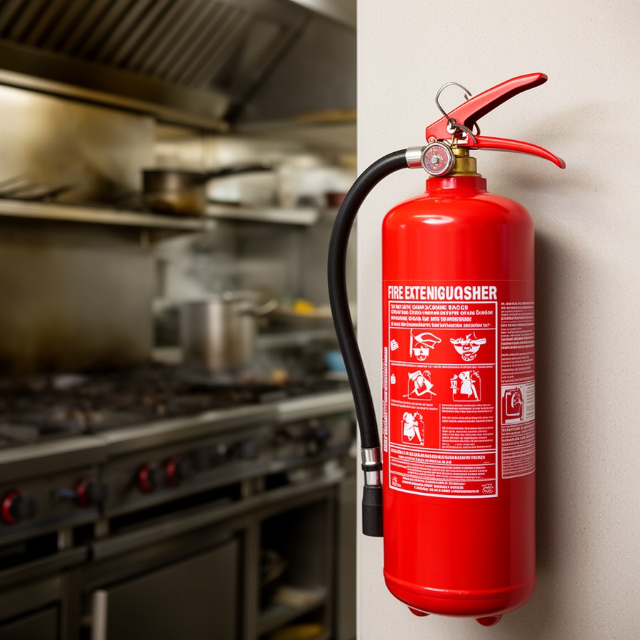 Специализированный кухонный огнетушитель в зоне доступа персонала