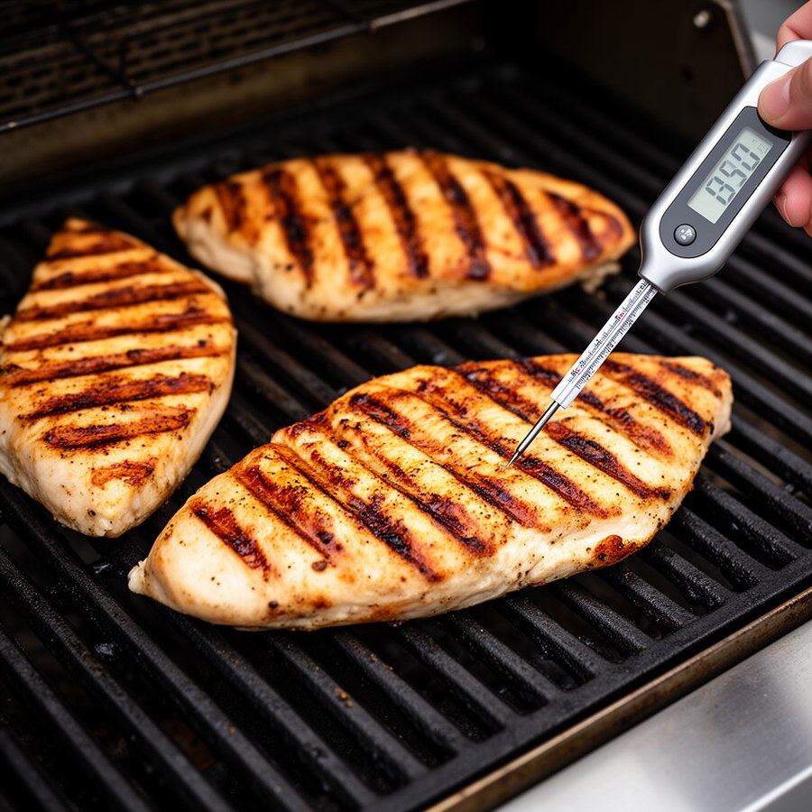 Куриные грудки разной толщины на гриле с контрольным замером температуры