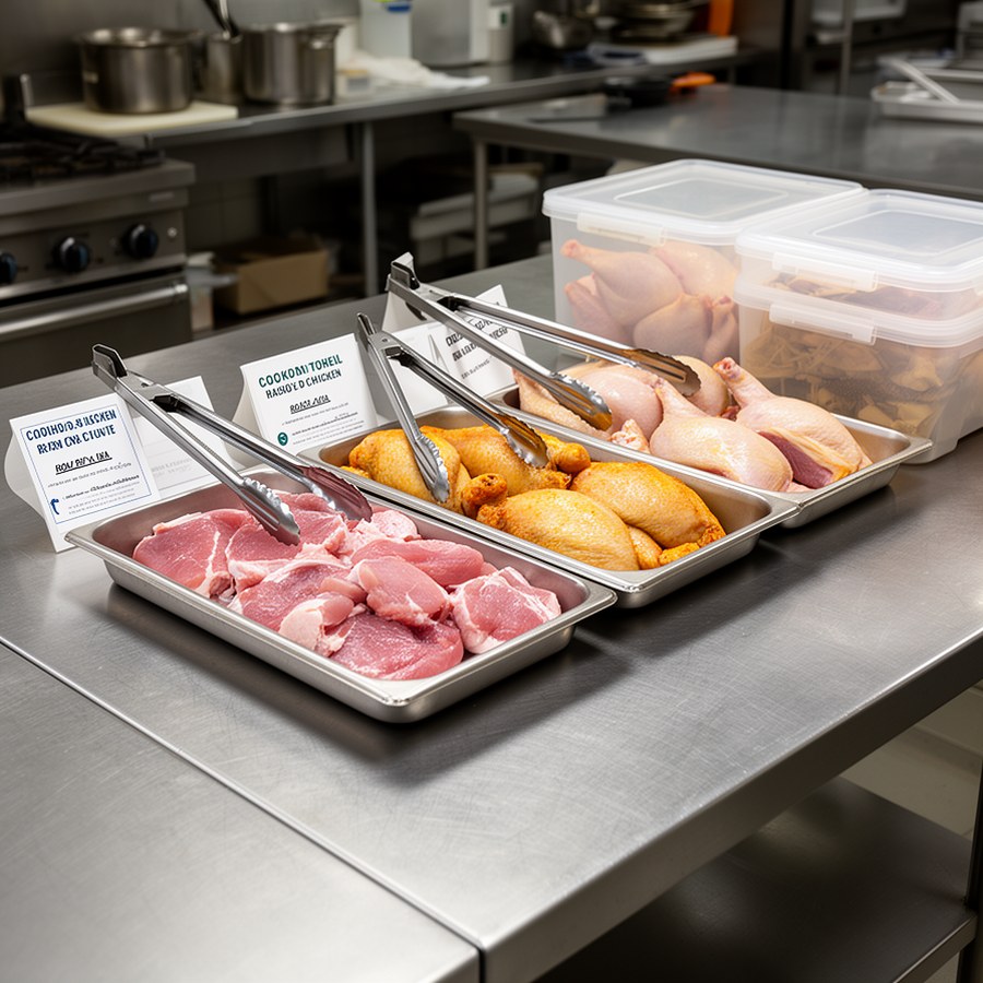 Раздельный инвентарь для сырой и готовой курицы на кухне HoReCa
