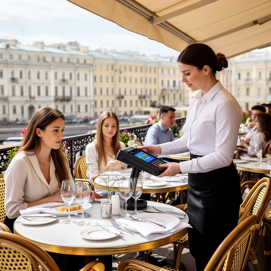 Сотрудник обслуживает гостей на летней террасе с мобильным POS-терминалом