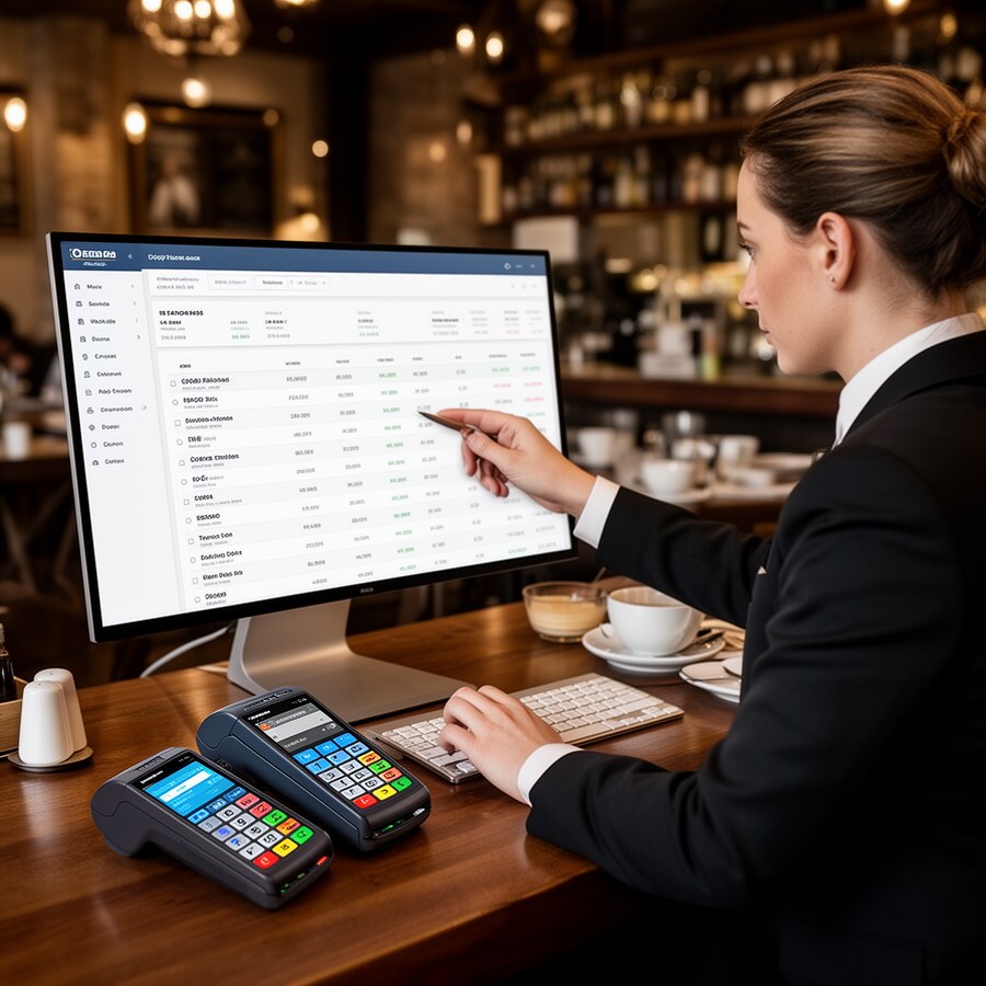 Управляющий анализирует продажи и учет после работы мобильной кассы