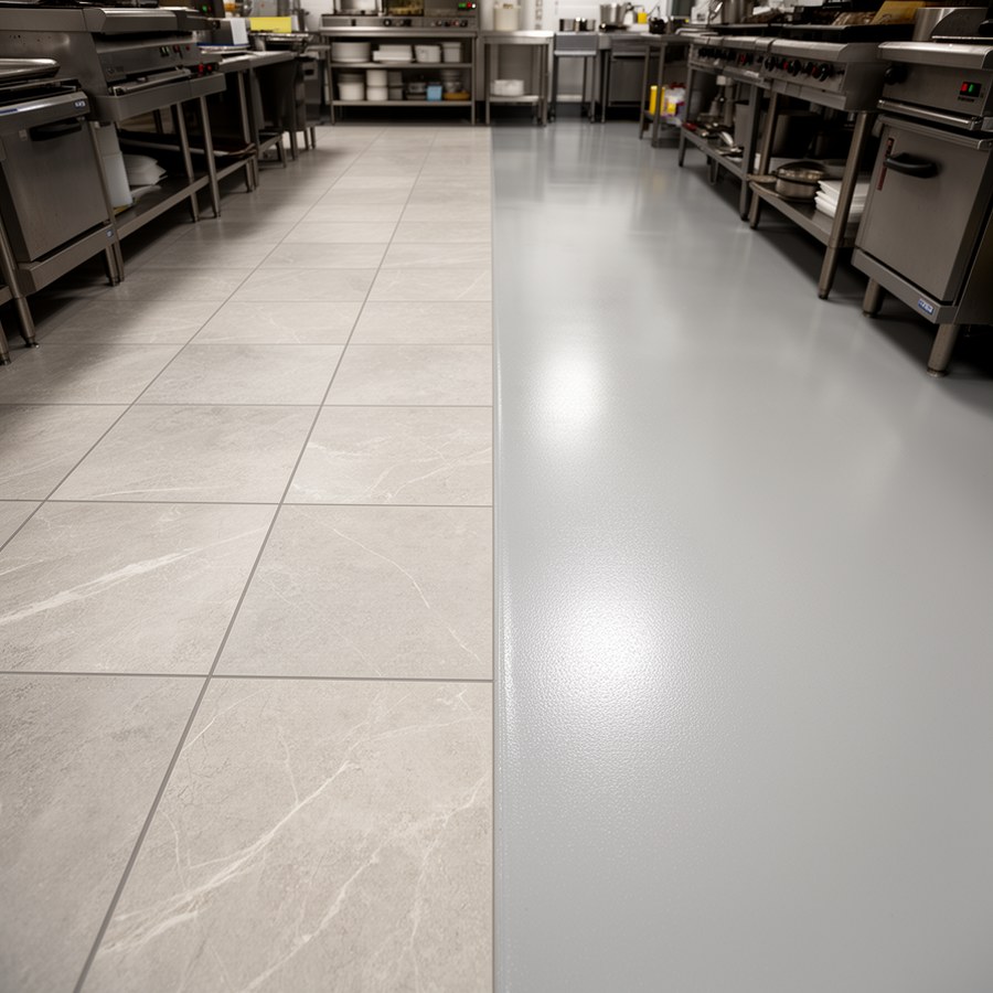 Сравнение керамогранита и бесшовного наливного пола для кухни общепита