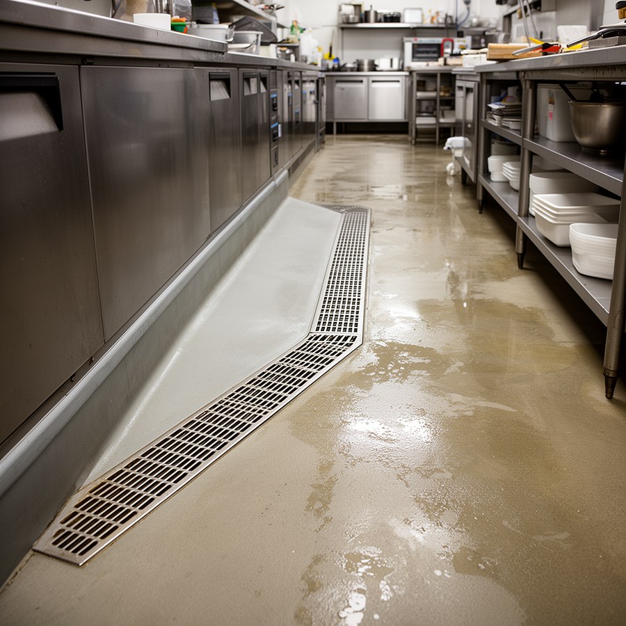 Трап, уклон пола и санитарное примыкание на профессиональной кухне