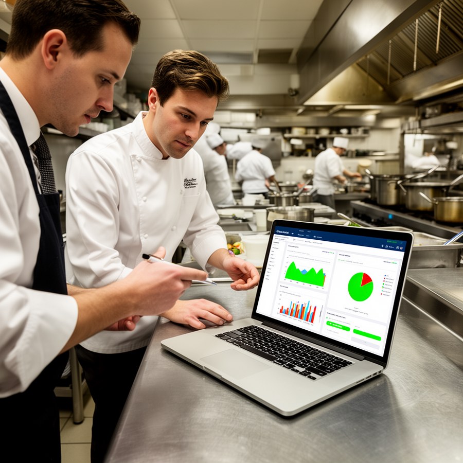 Шеф и управляющий анализируют KPI кухни и показатели себестоимости