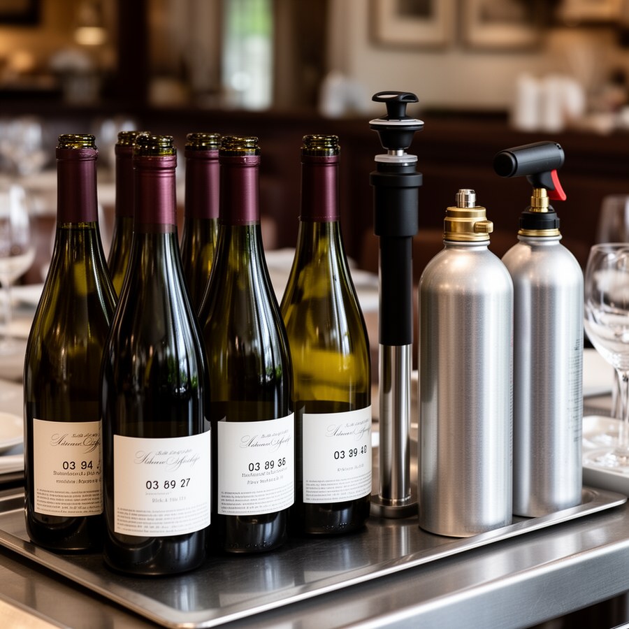 Открытые бутылки с маркировкой и инструментами сохранения