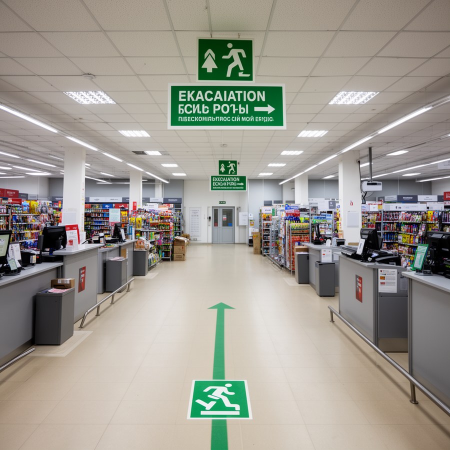 Схема эвакуации и указатели в магазине