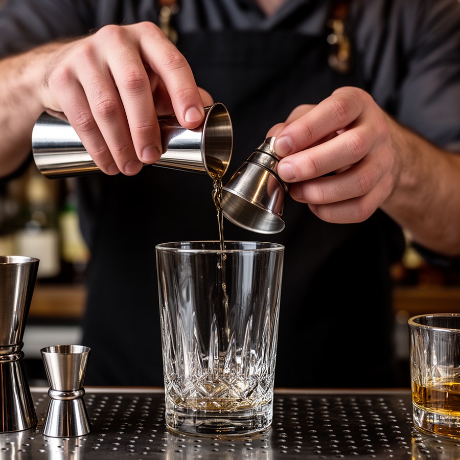 Бармен отмеряет ингредиент джиггером для точного контроля порции