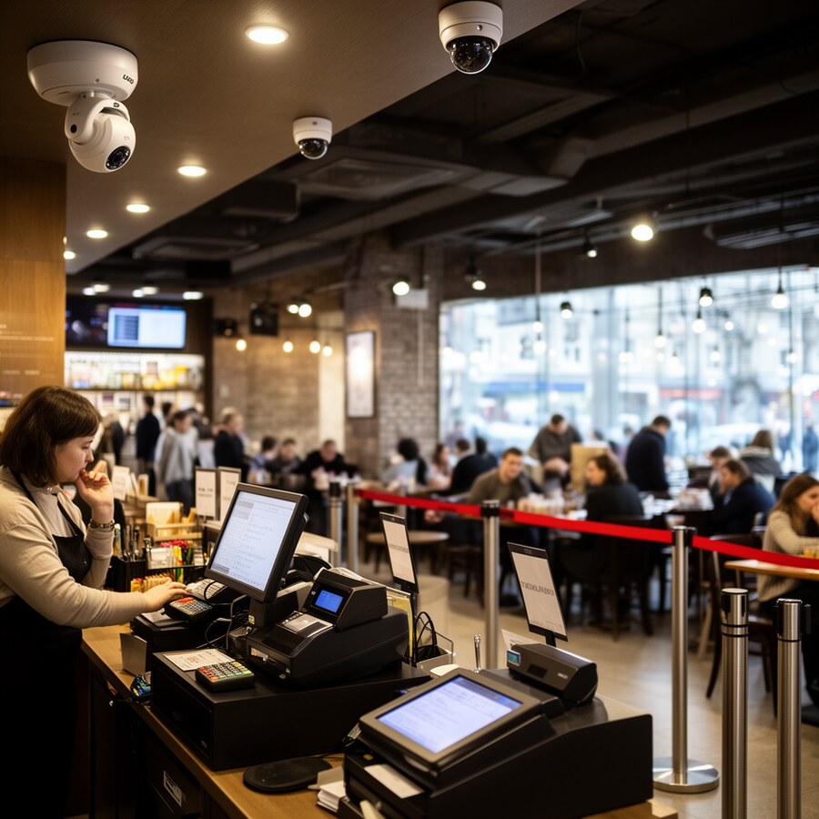 Кассовая зона ресторана с правильно организованным видеоконтролем