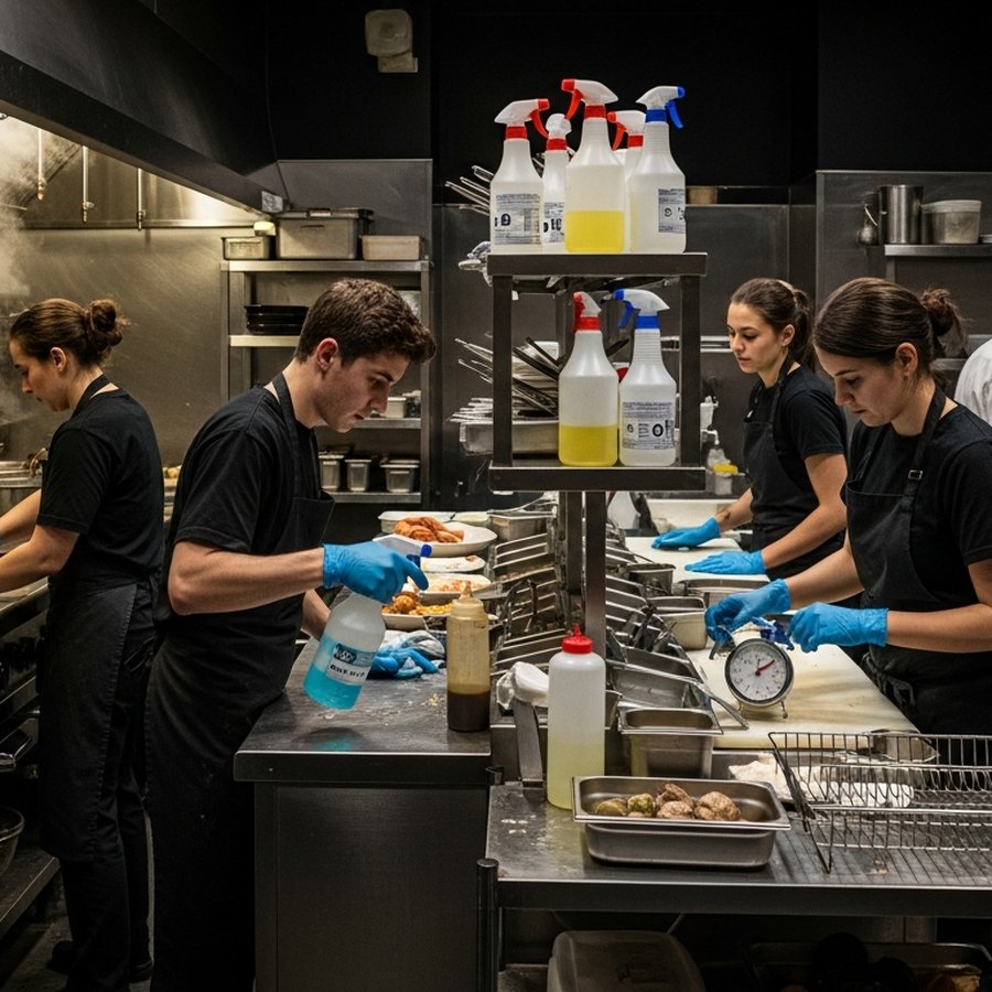 Санитарная обработка поверхностей в дарк-кухне в пиковые часы