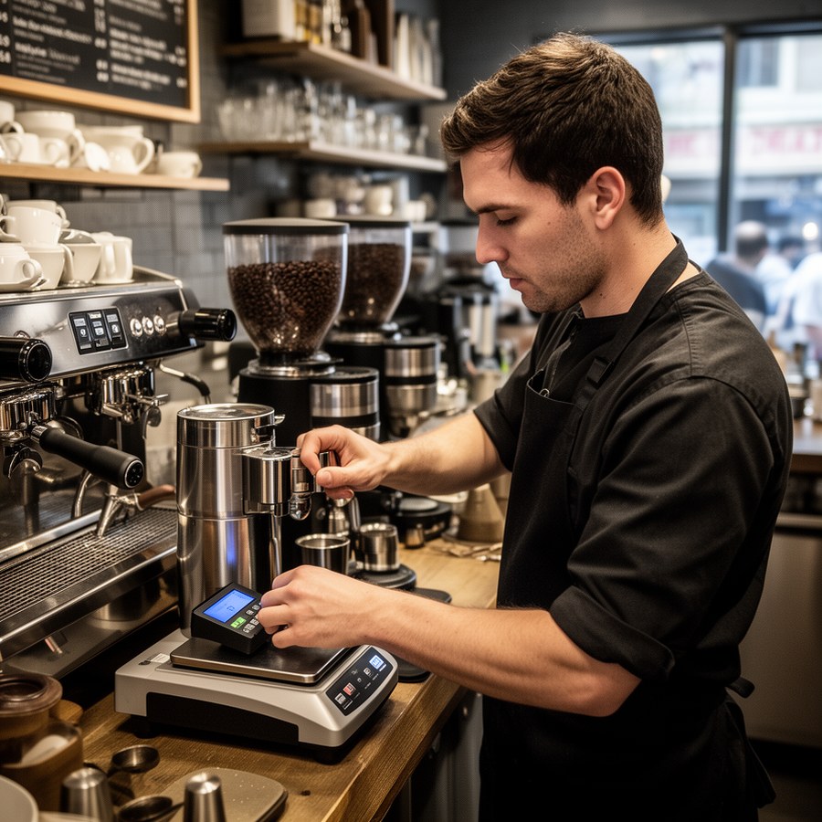 Бариста калибрует помол для эспрессо перед сменой