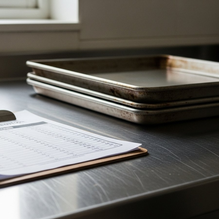 Печатная таблица перевода температуры духовки рядом с противнями