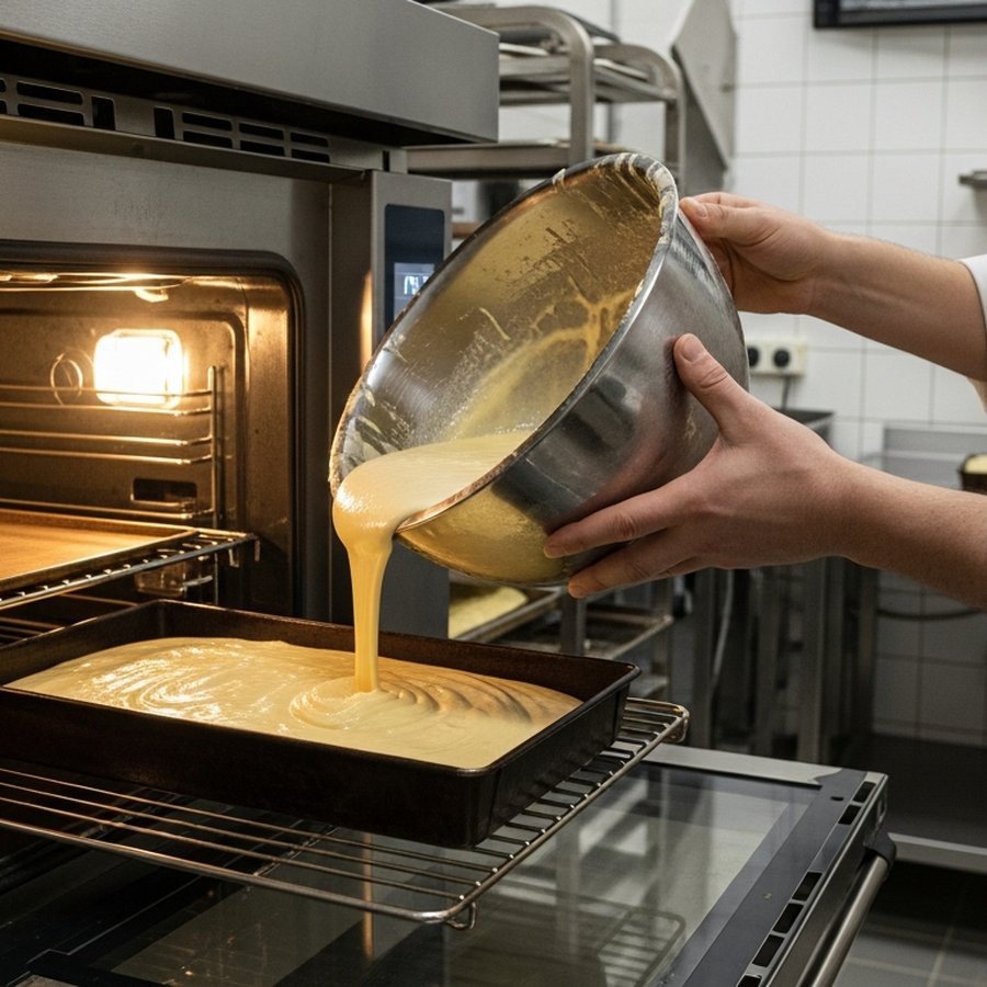 Кондитер загружает бисквит в конвекционную печь с уставкой в градусах Цельсия